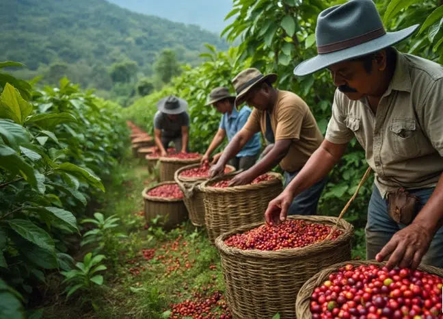 Farmers harvesting coffee beans in a field with mountains in the background