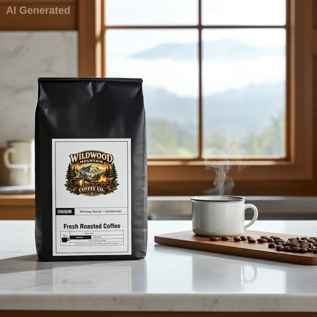 Wildwood Mountain Coffee bag on a kitchen counter with a view of mountains