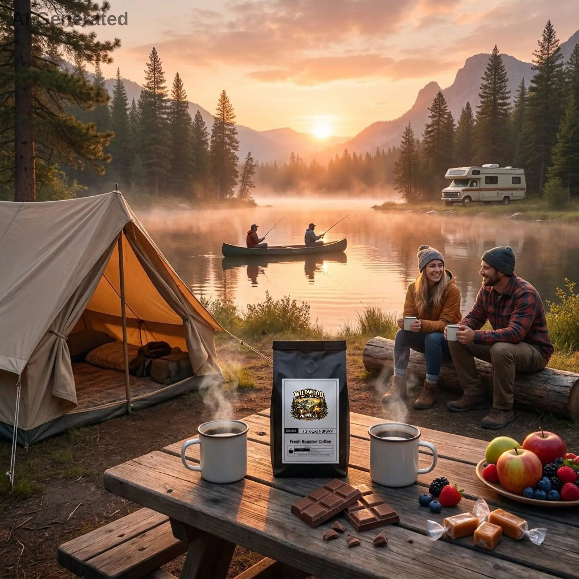 A serene early morning camping setting.  Two campers drinking coffee.  Two men fishing in a boat on the lake.  I tent nearby and an RV in the background.  A Wildwood Mountain Coffee Co coffee bag is sitting on the wooden picnic table, along with two cups of steaming coffee, milk chocolate, fruits, and caramels.