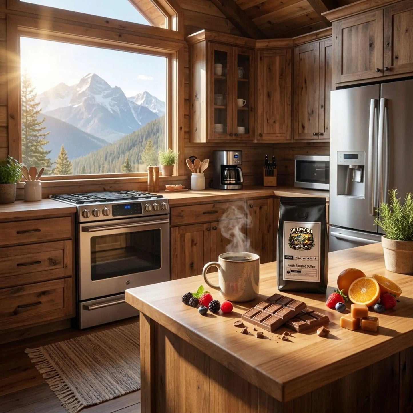 Mountain Cabin Kitchen with wooden cabinets and counters and a scenic mountain view outside the window.  A Wildwood Mountain Coffee Co coffee bag is sitting on the counter with a cup of hot steaming coffee, milk chocolate, fruits, and caramels.  