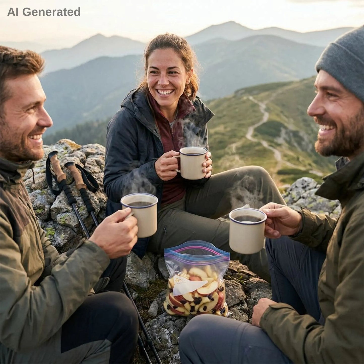 Hikers sitting on a mountain top, enjoying hot coffee and snacks.
