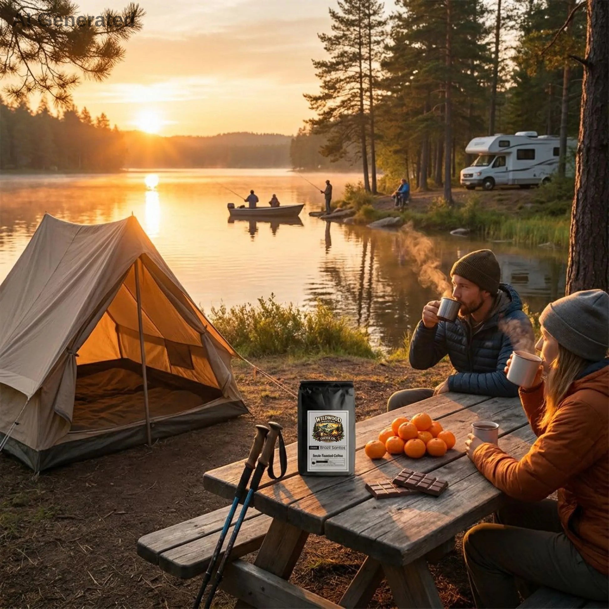 Campers sitting by a wooden picnic table enjoying a hot, steaming cup of coffee.  A tent is pitched nearby. Fishermen on the lake in a boat and someone is fishing by the rocks.  Another camper is sitting watching.  A RV is in the background.  The sun is starting to rise in the early morning over the lake and mountains in the background.