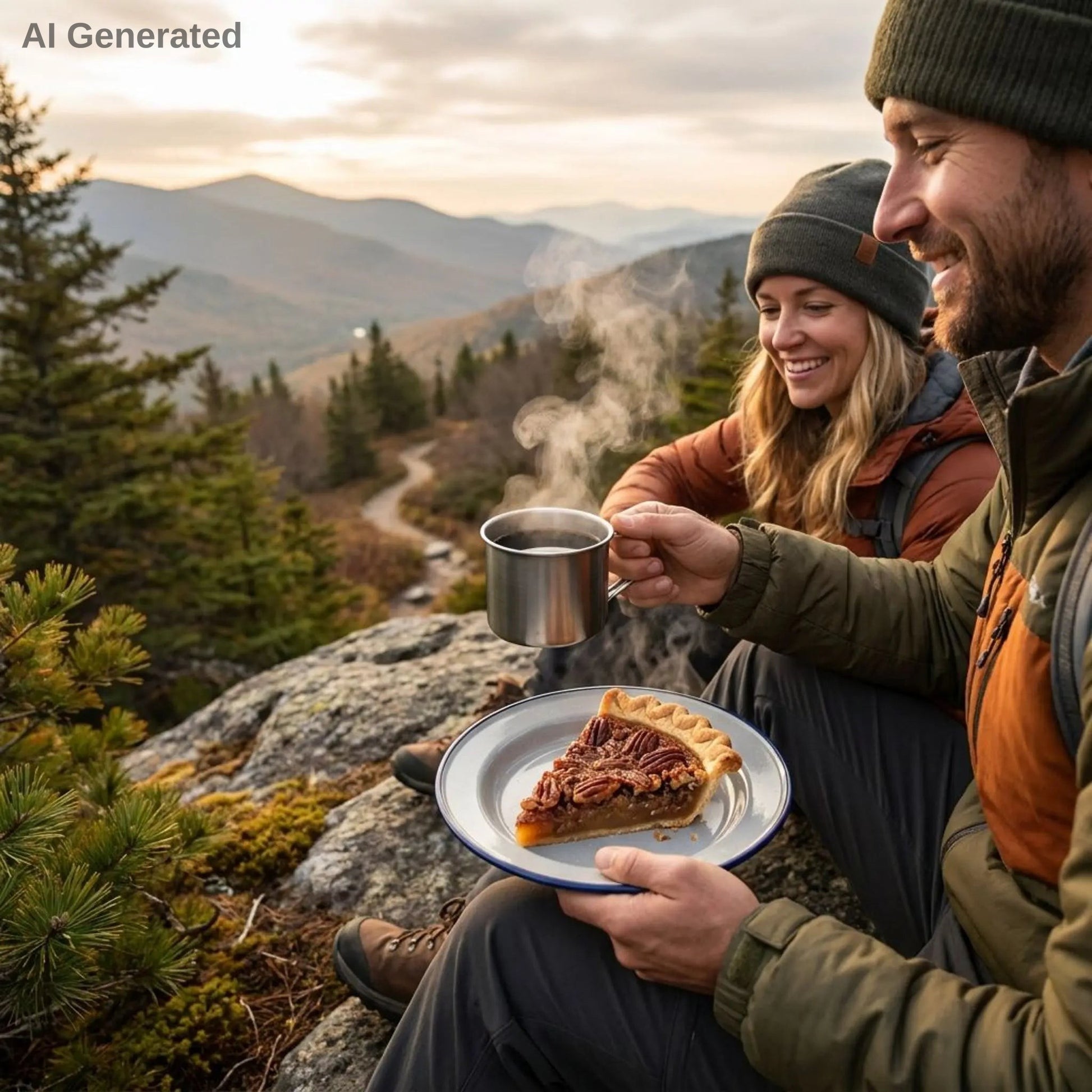 Two hikers enjoying pie and hot pecan pie flavored coffee in a mountainous landscape