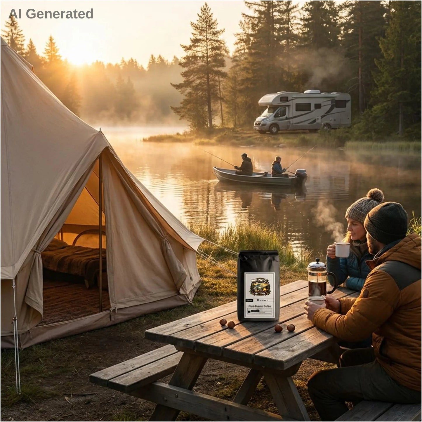 Two campers sitting at a picnic table by a lake drinking hot coffee with a tent and RV in the background.  Fishermen fishing on the lake.  