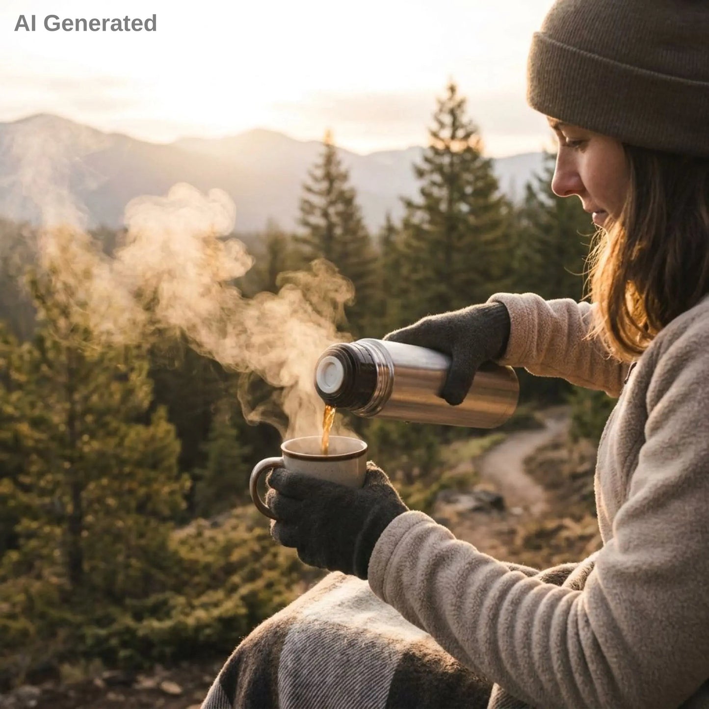 Hiker pouring coffee from a thermos into a mug with a scenic mountain background