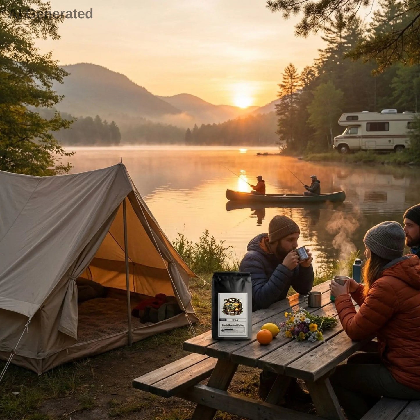 Camping scene with a tent, campers by a lake, and a sunset.