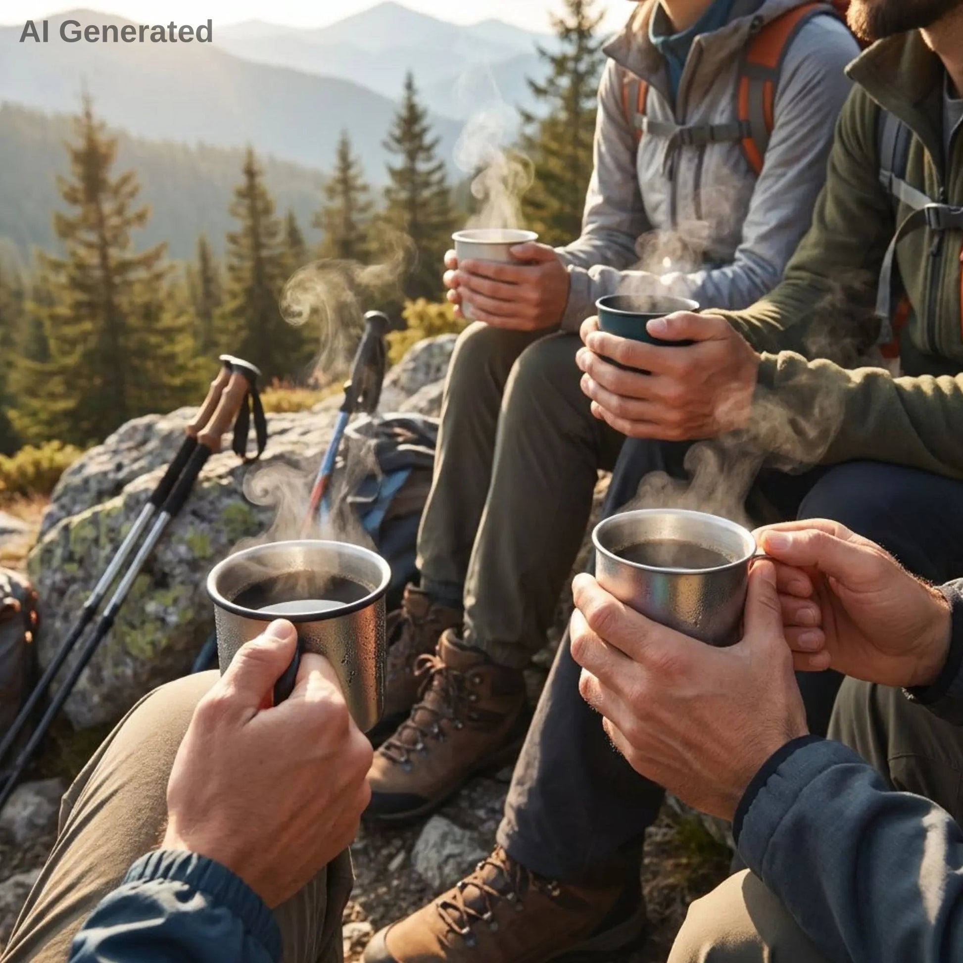 Hikers sitting on a rocky mountain ledge holding steaming hot drinks with a scenic background.